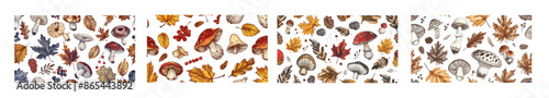 Pattern of autumn leaves and mushrooms. Hand drawn autumn leaves, berries, and mushrooms such as morels and chanterelles, bolete, and king trumpets from the vintage fall season sketches.