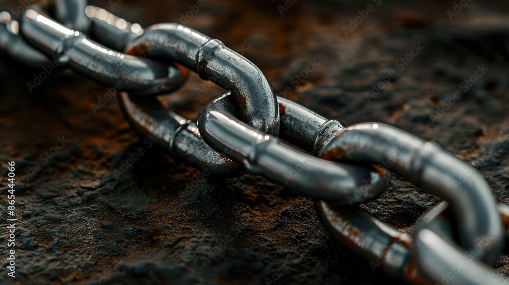 Close-up view of metal chain with links represents strength On a dark brown-black background Close-up view of metal chain with links represents strength On a dark brown-black background