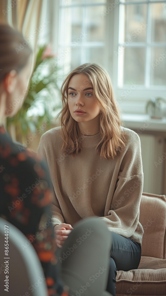 Obraz premium Talking with a psychologist in the office, a young woman is undergoing mental therapy.