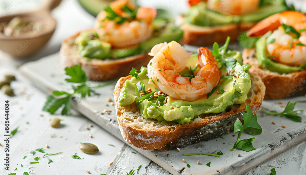 Toast with avocado and shrimps on multigrain bread. Healthy shrimp avocado appetizer Toast with avocado and shrimps on multigrain bread. Healthy shrimp avocado appetizer