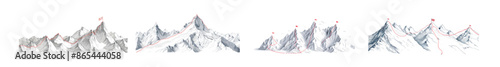 An illustration set showing a sketch route to the summit of a mountain. Mountains, paths to the summit, and climbing journey plans. A red flag stands at the top. An illustration set that symbolizes