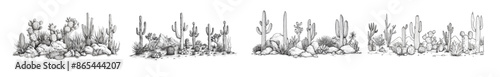 Animated sketch cartoon succulent agave, saguaro and prickly leaved pear. Desert or drought plants, botanical horizontal seamless pattern engraving modern illustration.