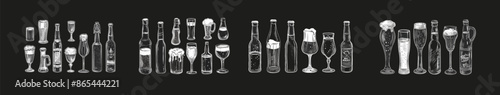 In the background is a sketch of beer glasses, mugs, cans and bottles with beer. Hops drink design for promotion poster engraving. Bar or pub advertisement. Alcohol beverage with foam on a white
