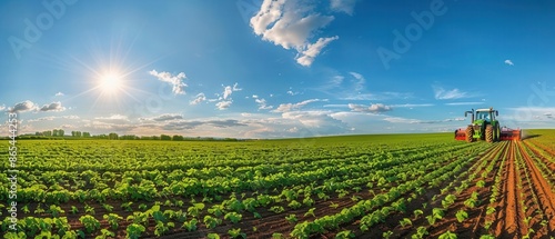 Tractors plowing expansive fields of green crops on a sprawling farm, under a clear blue sky, wideangle shot