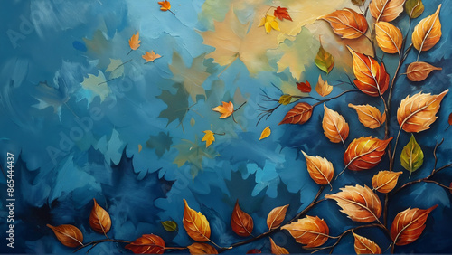 a painting of leaves on a blue background © Garadel