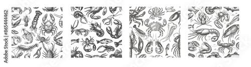Design for cafe or restaurant. Seafood seamless pattern. Hand drawn lobster, crab, oyster and mussel, squid, shrimp and fish sketch ocean life print. Food and fishing sport concept.
