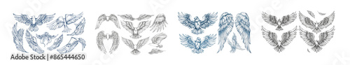 Vintage modern set with hand drawn wings. Sketch bird or angel wing with feathers. Engraved different heraldic symbols for tattoo or emblem. Wing elements in different positions and shapes.