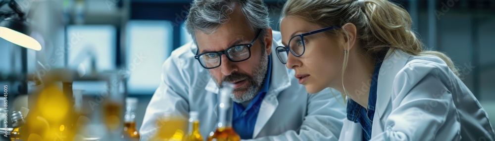 Two scientists wearing lab coats and safety glasses conducting research in a laboratory filled with glassware and equipment. Two scientists wearing lab coats and safety glasses conducting research in a laboratory filled with glassware and equipment.