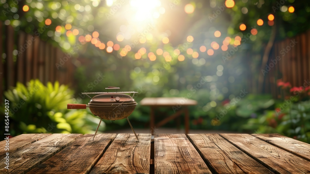 summer time party in backyard garden with grill BBQ wooden table summer time party in backyard garden with grill BBQ wooden table