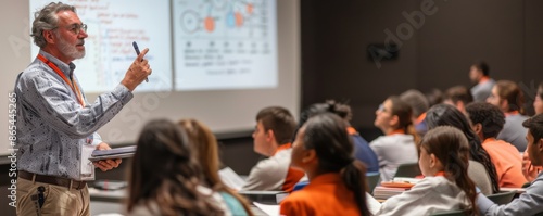 Professor giving a lecture in a university classroom with students attentively taking notes and engaging with the material presented on the screen.