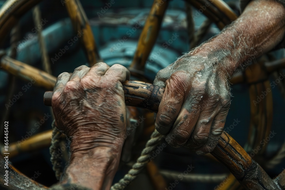 a weathered sailors hands gripping an antique ships wheel sunbeaten skin and ropecalloused fingers tell a story of years at sea while the polished wood gleams with salt spray a weathered sailors hands gripping an antique ships wheel sunbeaten skin and ropecalloused fingers tell a story of years at sea while the polished wood gleams with salt spray