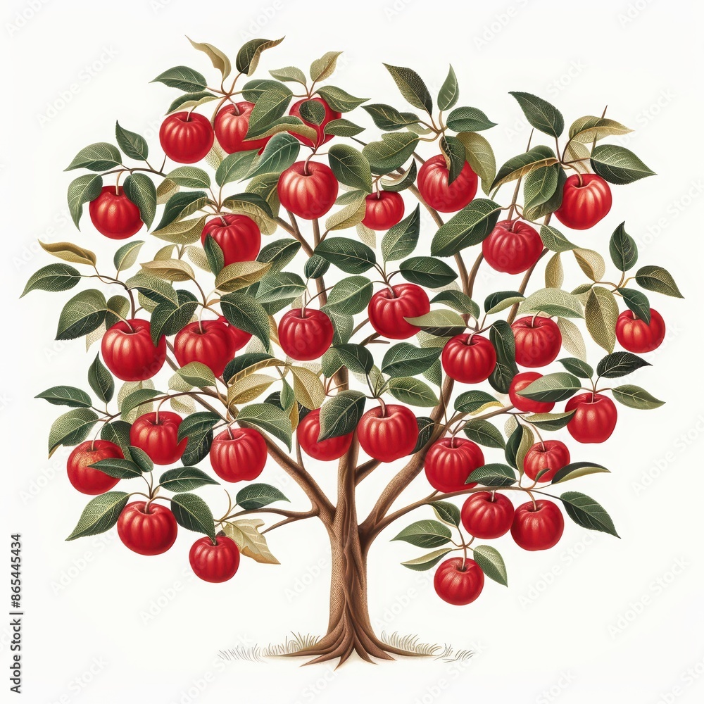 An apple tree laden with ripe, red fruit and green leaves, set against a clean white backdrop An apple tree laden with ripe, red fruit and green leaves, set against a clean white backdrop