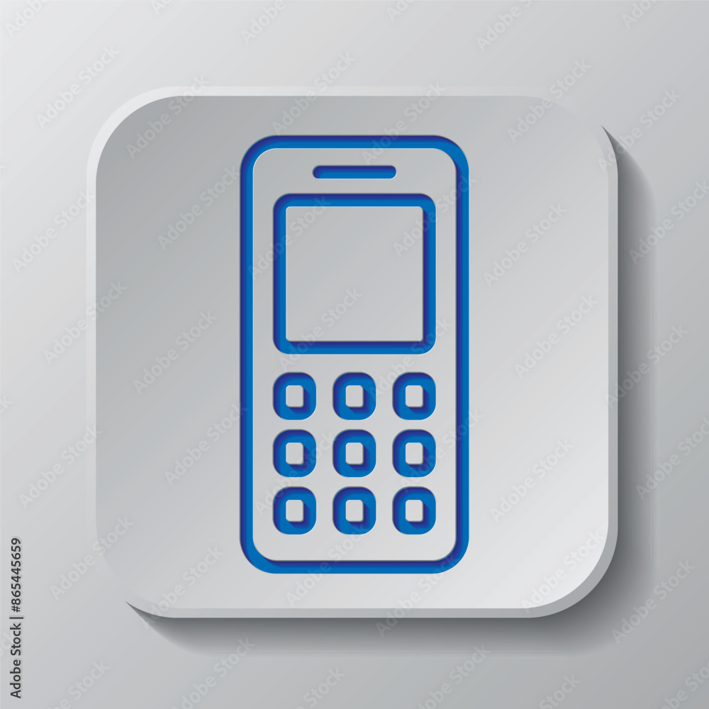 Mobile phone simple icon. Flat design. Paper cut design. Cutted blue symbol with shadow. Gray badge button, gray background Mobile phone simple icon. Flat design. Paper cut design. Cutted blue symbol with shadow. Gray badge button, gray background