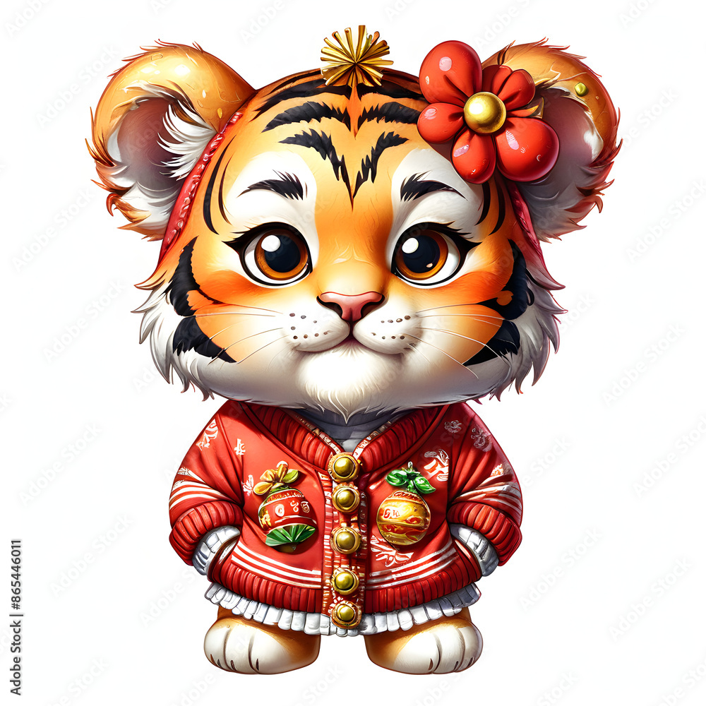 Fototapeta premium Watercolor clip art a cute baby Chinese clothing Tiger red gold ornaments twelve chinese zodiac on a white isolated background