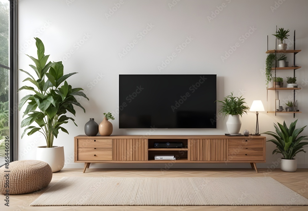 Mockup poster TV cabinet and storage space in a living room with a white wall. Generative AI Mockup poster TV cabinet and storage space in a living room with a white wall. Generative AI