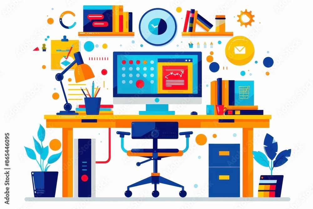 A Colorful Desk with a Computer, Desk Lamp, Office Supplies and Plants A Colorful Desk with a Computer, Desk Lamp, Office Supplies and Plants