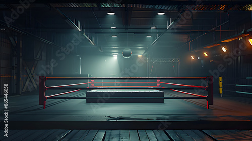 An empty boxing ring is illuminated by overhead lights in a dimly lit, industrial-style gym. Shadows cast across the floor, creating a dramatic and intense atmosphere. photo