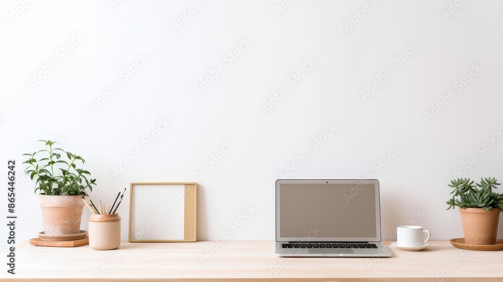 Minimalist Home Office Workspace with Laptop and Plants Minimalist Home Office Workspace with Laptop and Plants
