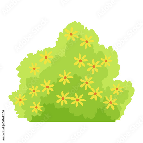 Bush with flowers icon. Cartoon forest and park shrubbery with floral elements. Landscape scene create element. Vector cartoon illustration