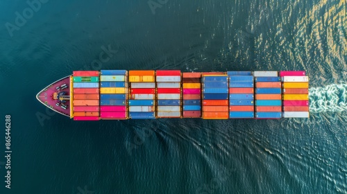 A modern cargo ship viewed from above as it navigates through calm waters, its deck stacked meticulously with containers of various colors and sizes, symbolizing efficient global trade logistics © Jians