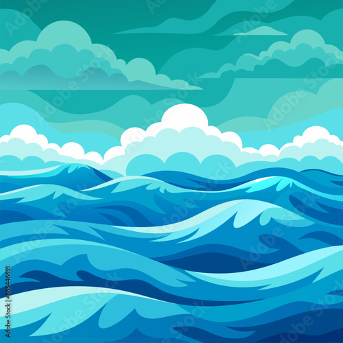 A cartoon of a big water body with waves and clouds in the sky