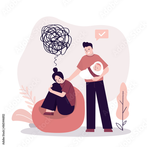 Husband tries to talk and calm down depressed woman after baby born. Father with cute baby. Postpartum depression. Postnatal depression, emotional pressure.