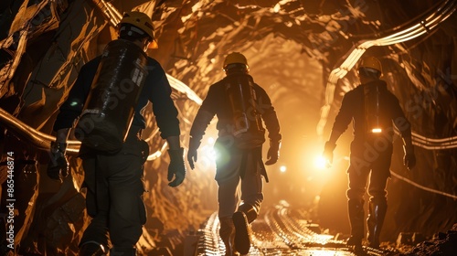 Miners walking in a dark mine tunnel. photo