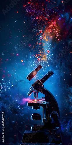 Microscópio com Células de Bactérias Coloridas