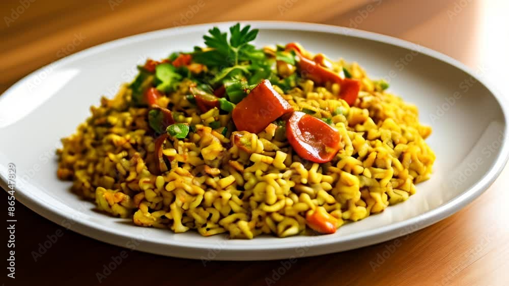 Deliciously seasoned rice with vibrant toppings ready to be savored Deliciously seasoned rice with vibrant toppings ready to be savored