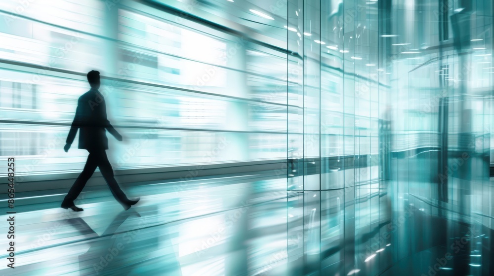 A dynamic shot of a business leader walking confidently through a corporate hallway, with motion blur adding a sense of urgency A dynamic shot of a business leader walking confidently through a corporate hallway, with motion blur adding a sense of urgency