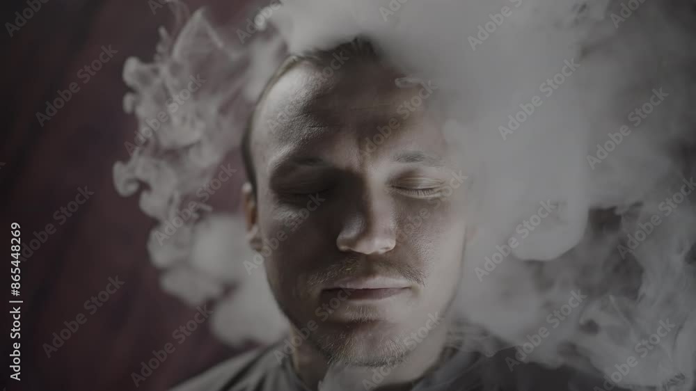 A man relaxes peacefully in smoke, emanating calm and tranquility A man relaxes peacefully in smoke, emanating calm and tranquility