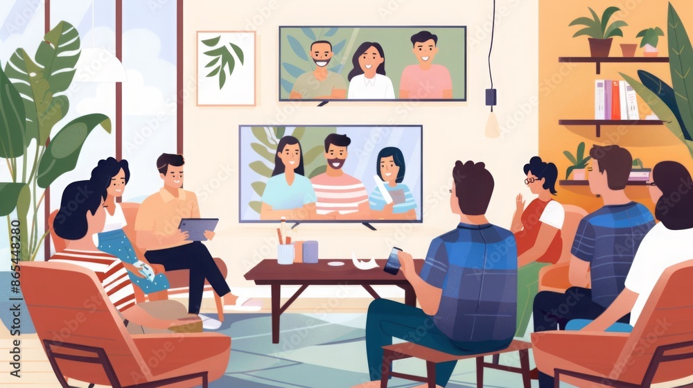 A group of friends are enjoying a video call with other friends on a large screen TV in a modern living room setting. A group of friends are enjoying a video call with other friends on a large screen TV in a modern living room setting.
