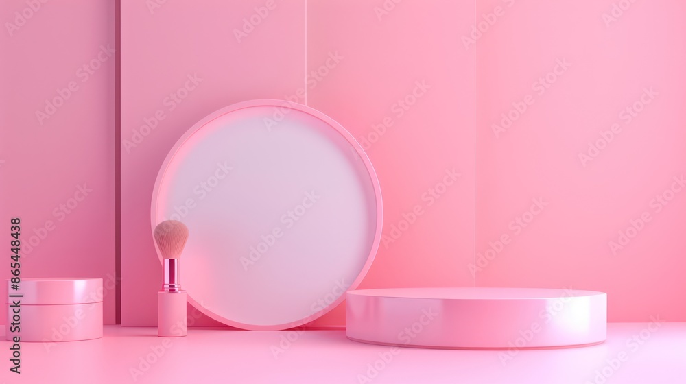 Elegant pink-themed cosmetic display with makeup brush and containers. Elegant pink-themed cosmetic display with makeup brush and containers.