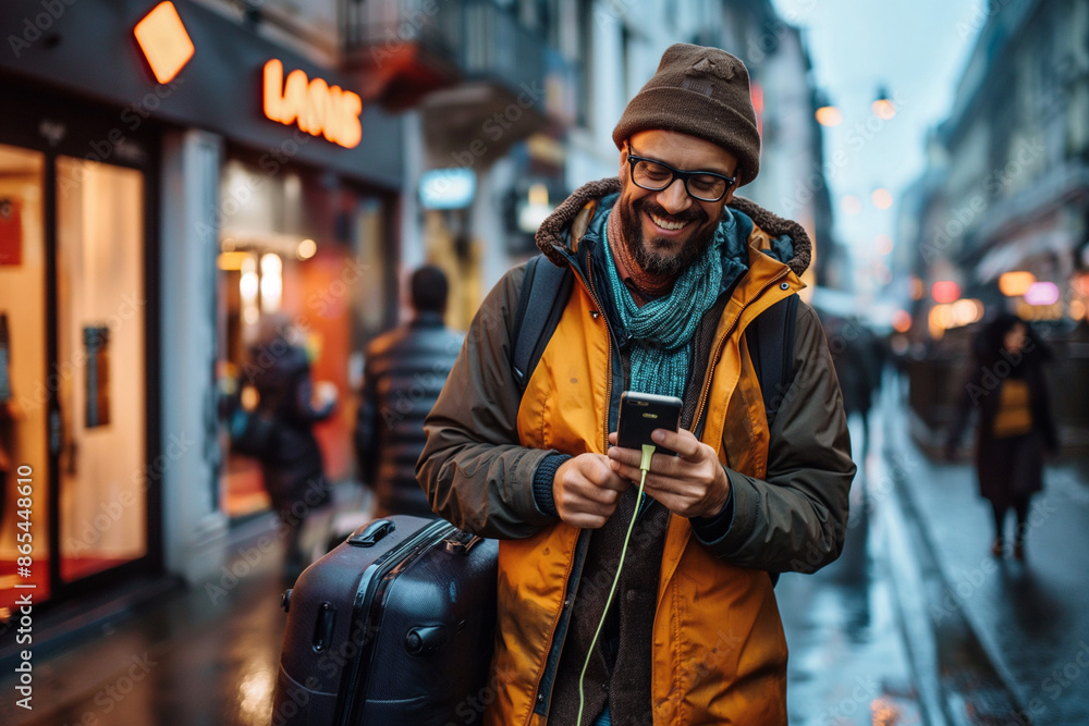 Smiling Male Traveler with Orange Suitcase and Mobile Phone in Historic City Street Smiling Male Traveler with Orange Suitcase and Mobile Phone in Historic City Street