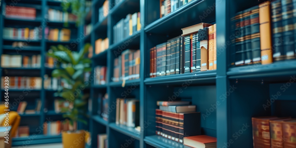 A library with many bookshelves and a potted plant. The bookshelves are blue and filled with books A library with many bookshelves and a potted plant. The bookshelves are blue and filled with books