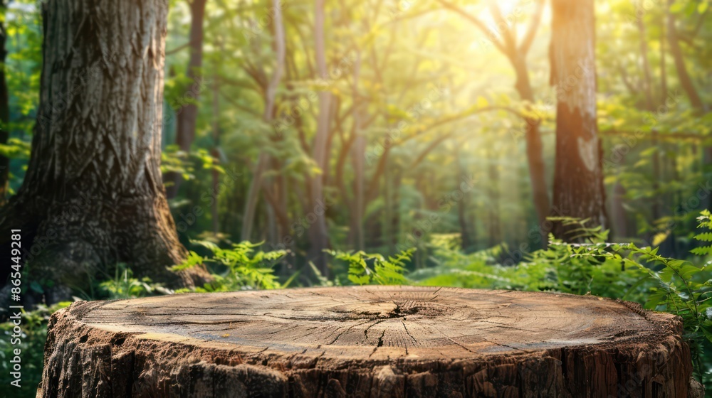 Sunlit forest with a tree stump surrounded by greenery in morning light. Sunlit forest with a tree stump surrounded by greenery in morning light.