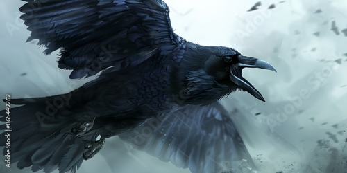 A black crow is flying in the sky with its wings spread wide. The bird is surrounded by a lot of debris, which gives the image a sense of chaos and destruction. Scene is dark and ominous