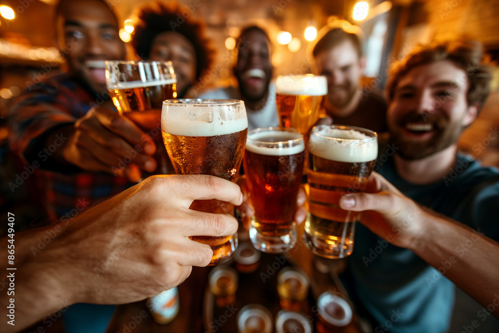 Group of Friends Celebrating with Beer in a Lively Pub Group of Friends Celebrating with Beer in a Lively Pub