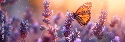A butterfly is flying in a field of purple flowers. Concept of freedom and beauty, as the butterfly gracefully flutters among the flowers. The vibrant colors of the butterfly © inspiretta