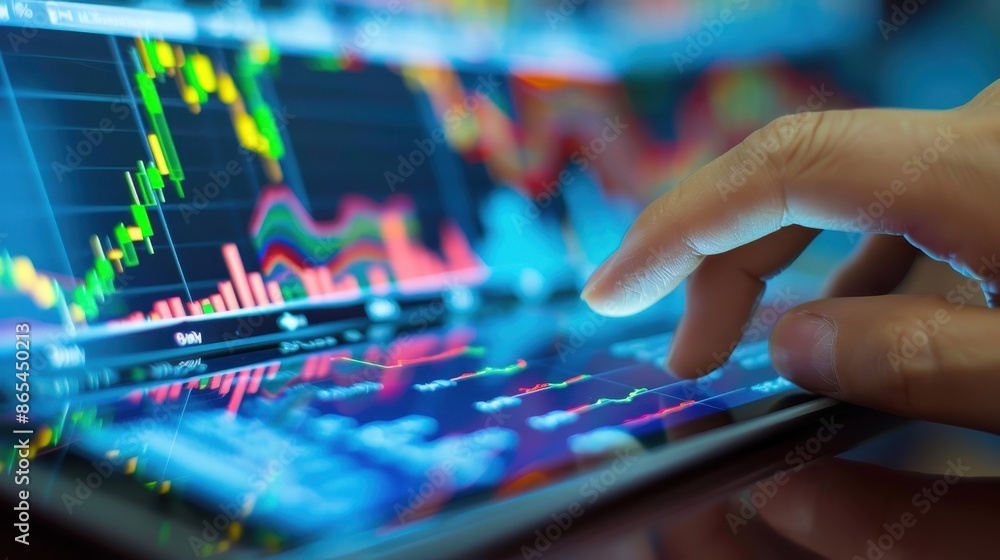 Person hand using digital tablet with financial graphs Person hand using digital tablet with financial graphs