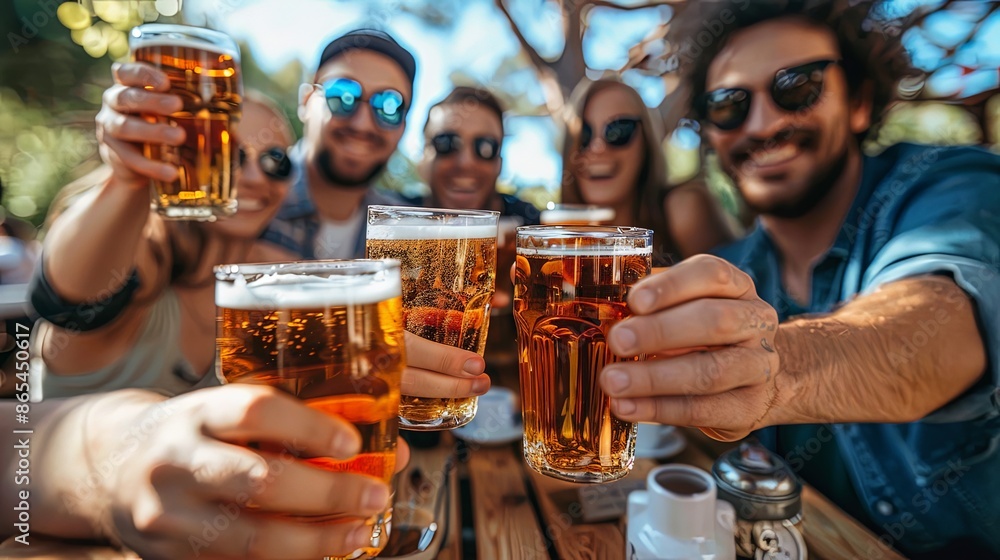 In this image, a group of friends raises their beer glasses for a toast, showcasing a joyful outdoor setting where laughter and happiness fill the air, embracing the spirit of togetherness. In this image, a group of friends raises their beer glasses for a toast, showcasing a joyful outdoor setting where laughter and happiness fill the air, embracing the spirit of togetherness.