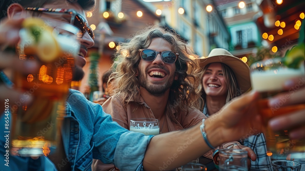 A cheerful group of people smiling and toasting their beers in a beautifully decorated outdoor setting that exudes warmth, festivity, and a sense of joyful celebration. A cheerful group of people smiling and toasting their beers in a beautifully decorated outdoor setting that exudes warmth, festivity, and a sense of joyful celebration.