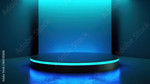 Modern illuminated stage with futuristic blue neon lighting effects.