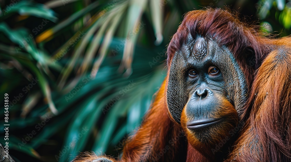 Fototapeta premium A majestic orangutan perched high in the canopy su generative ai