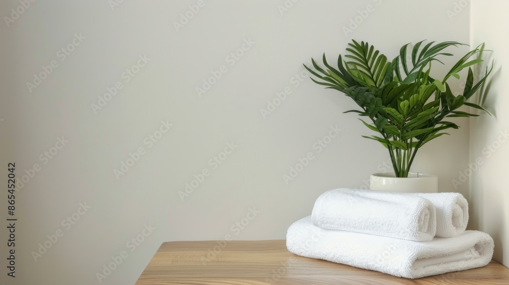 Mockup of white towels and houseplant on table with space for text Mockup of white towels and houseplant on table with space for text