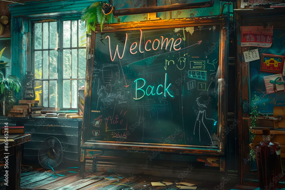 Obraz premium A digital blackboard showing a heartwarming Welcome Back message, celebrating teachers and students reuniting.