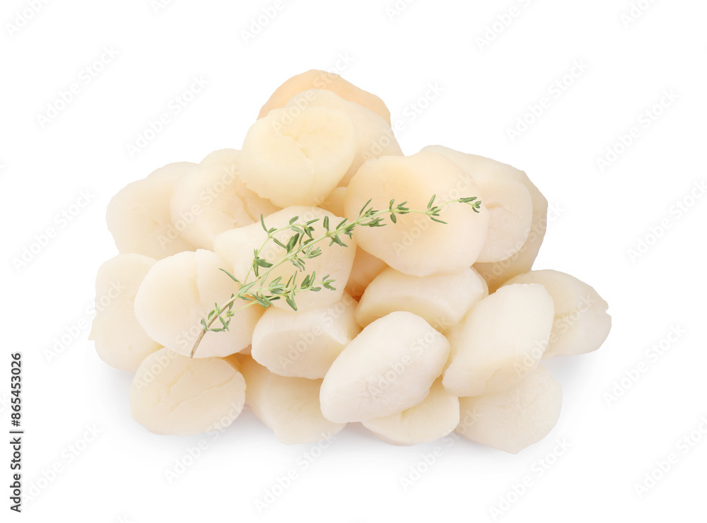Fototapeta premium Pile of fresh raw scallops and thyme isolated on white, top view