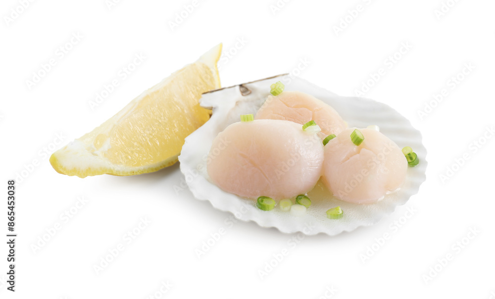 Raw scallops with green onion, shell and lemon slice isolated on white Raw scallops with green onion, shell and lemon slice isolated on white