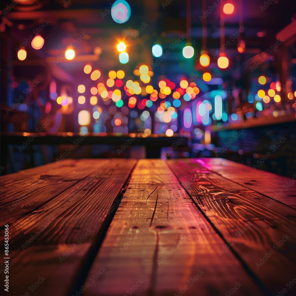 Vibrant Neon Lit Bar Scene with Rustic Table Top Vibrant Neon Lit Bar Scene with Rustic Table Top