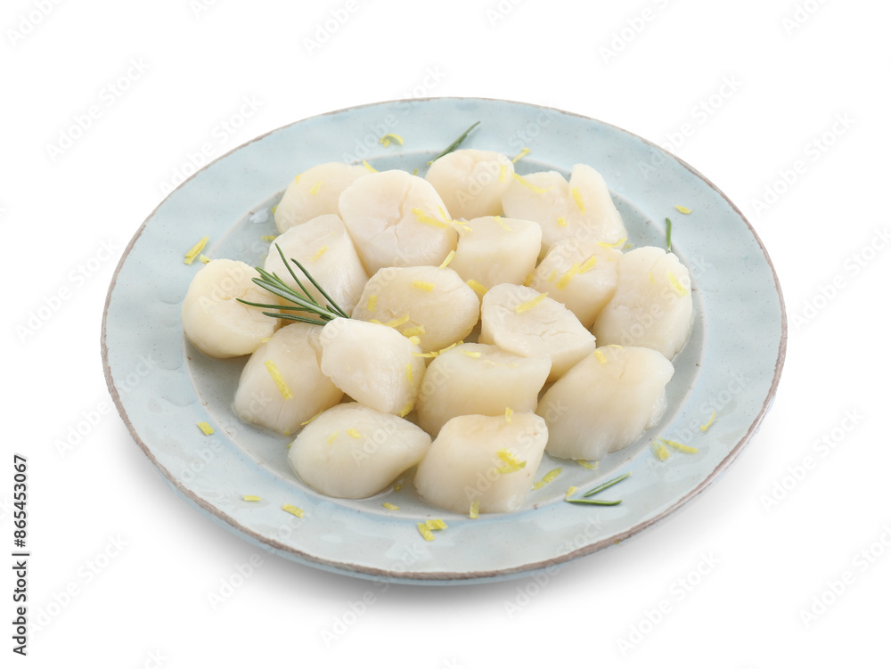 Raw scallops with lemon zest and rosemary isolated on white Raw scallops with lemon zest and rosemary isolated on white